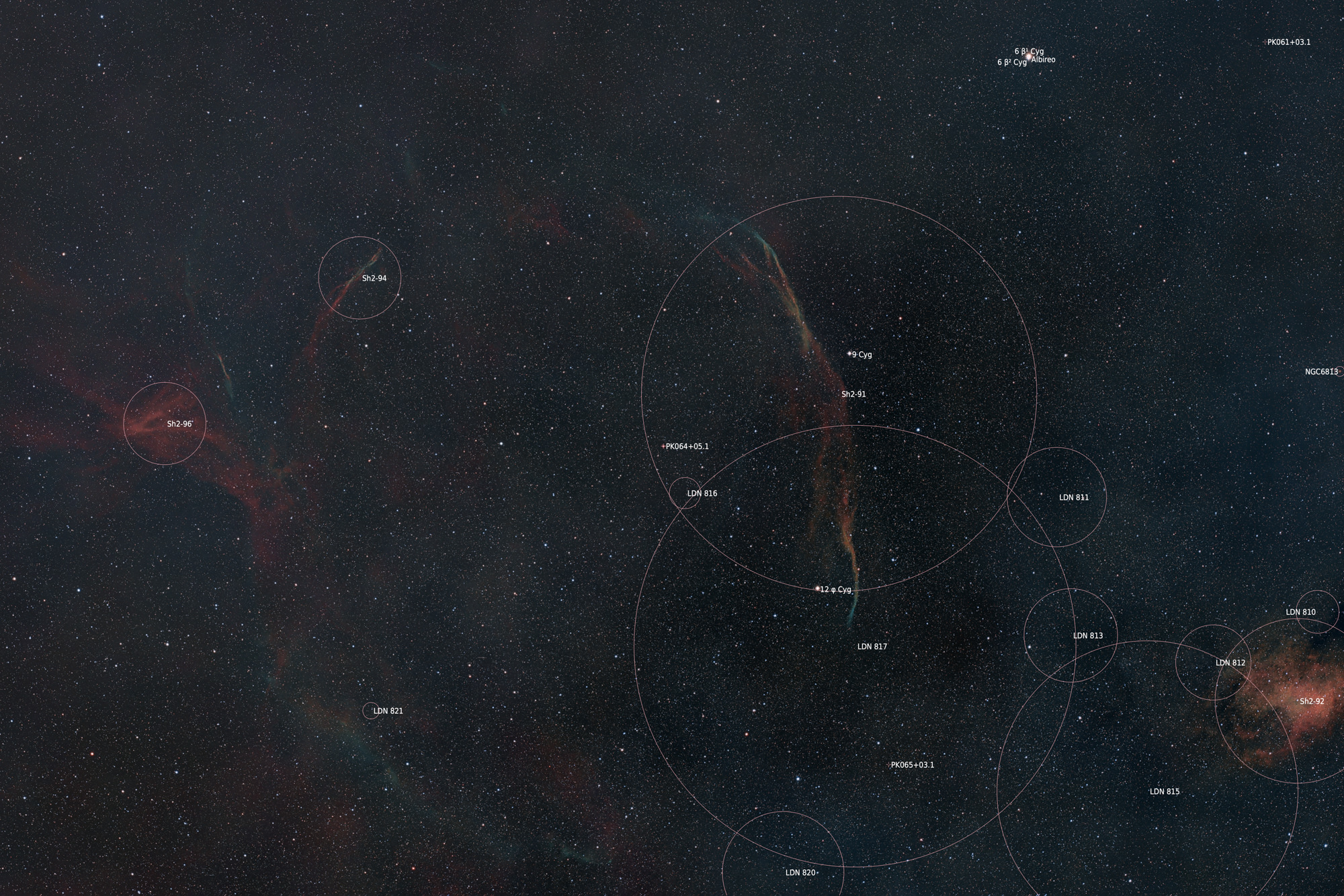 The catalog entries Sh2-91, Sh2-94, and Sh2-96 are bright segments or filaments of a single, huge, and ancient supernova remnant named SNR G65.3+5.7 in the constellation Cygnus.